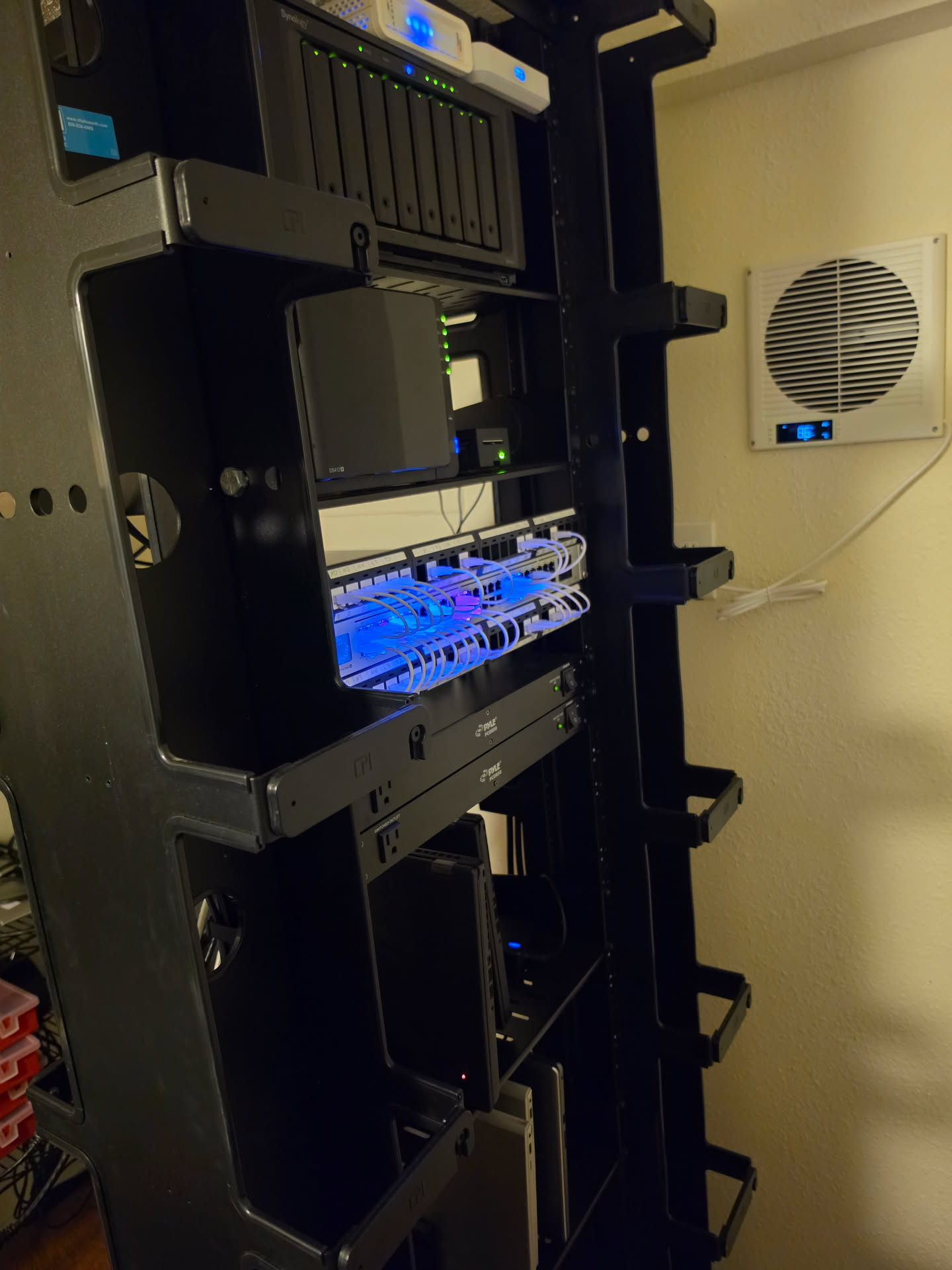 A server rack holding two MickroK8s clusters, networking gear, some NASes, etc.
